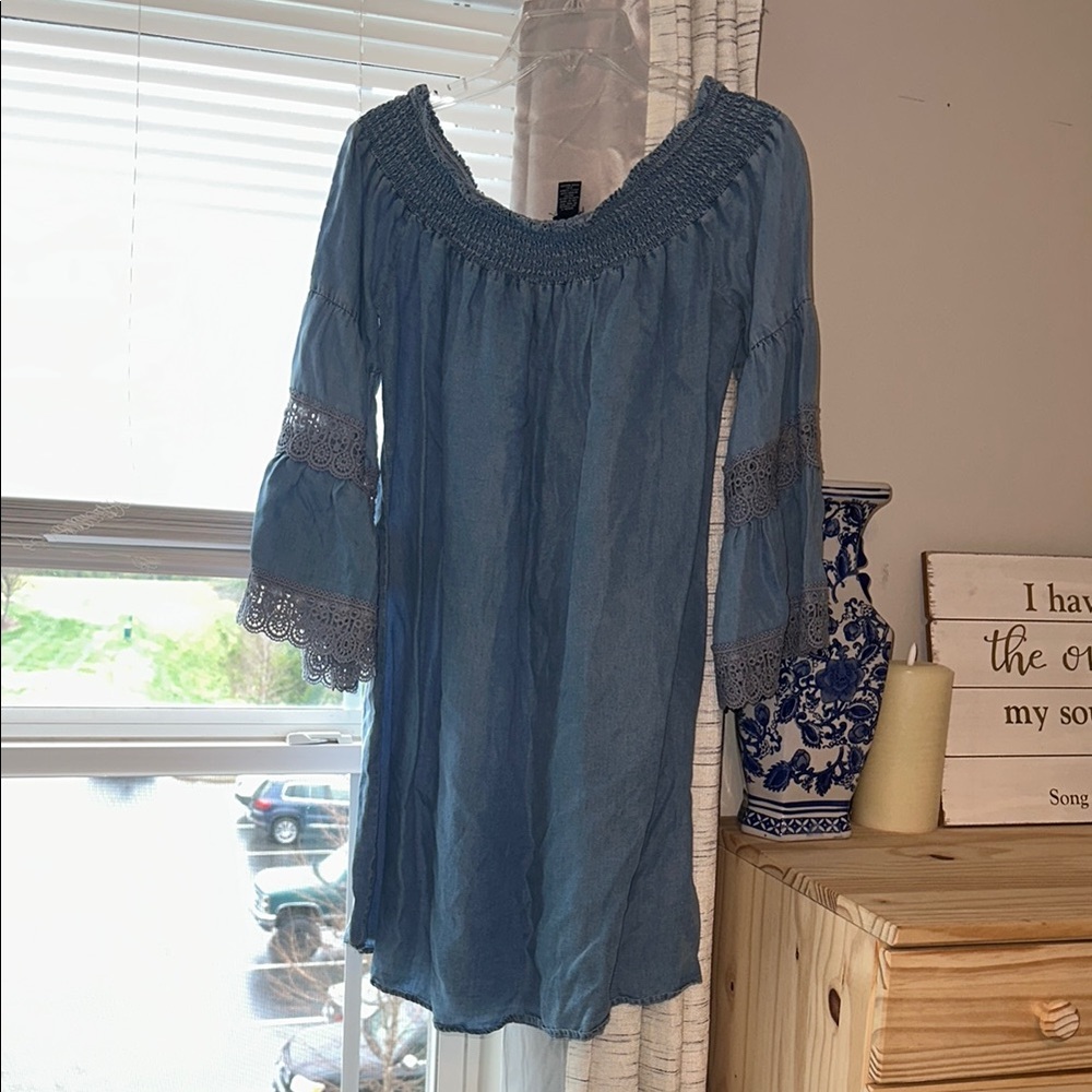 Blue Off-Shoulder Dress with Lace Trim